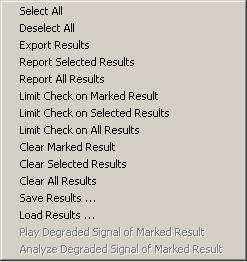 Figure 27: Context menu of the results datagrid The context menu can be used for reporting and deleting results, and for saving and loading result lists. 2.8.