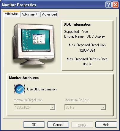 CATALYST Software Suite 7 3.1.1 Monitor Attributes tab The Attributes tab (not available under Microsoft Windows 9x) provides display data channel (DDC) information.