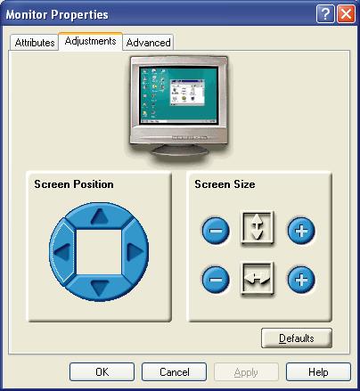 8 CATALYST Software Suite 3.1.2 Monitor Adjustments tab The Adjustments tab provides the controls to adjust the monitor s screen position and screen size.