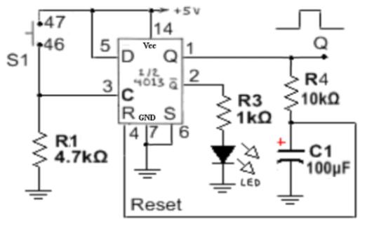 Module 8 Pt 2: One-Shot Switch De-bouncer For each S1 pressing there is a single pulse output Using the de-bounced output as the new S1 input to Pin 14 of the CD4017 provides a