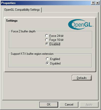 26 OpenGL control panel 5.2 OpenGL compatibility settings Force Z-buffer depth Support KTX buffer region extension Defaults button This allows you to explicitly set the Z-Buffer depth.