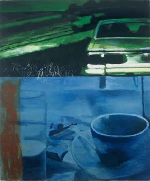 SLIKA 16: Sašo Vrabič, Nočna vožnja, 1997, akril na platnu, 180x150cm Že s prvo razstavo je umetnik pokazal, da se zanima za medije in njihov vpliv na življenje, vendar je kljub vsemu pri teh slikah