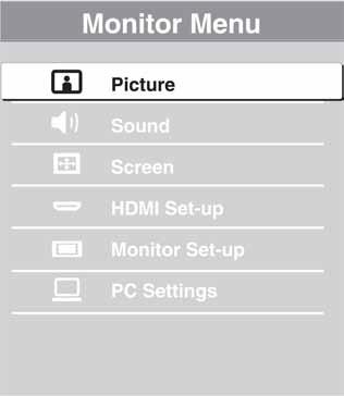 Kretanje po Home izborniku monitora Za podešavanje izbornika monitora, prebacite u mod monitora pritiskom tipke MONITOR HDMI na daljinskom upravljaču. 1 Pritisnite HOME.