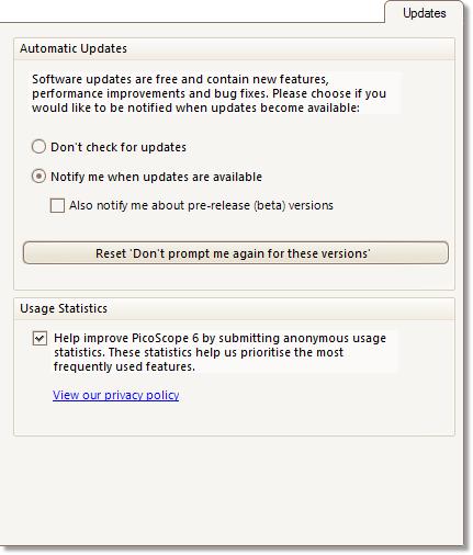 108 6.5.8.9 Menus Updates page Location: Tools > Preferences > Updates Purpose: configures the automatic update checker and related services Automatic Updates Don't check for updates.