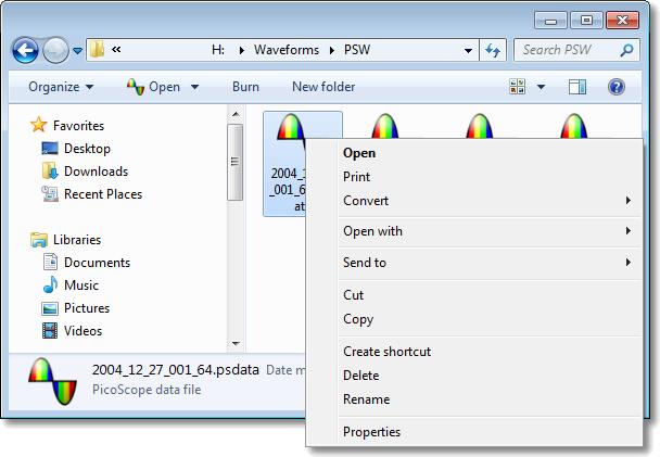 112 6.9 Menus Converting files in Windows Explorer You can convert PicoScope data files to other formats for use in other applications, or to different forms of data for use with PicoScope.