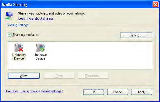 Windows Media Player 11 v sistemu Windows XP Nastavitev omrežne skupne rabe 1 V programu Windows Media Player izberite možnost Library (Knjižnica) in nato Media sharing (Skupna raba predstavnosti).