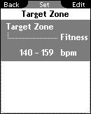 Setări Ritmul cardiac al zonei ţintă Zona de intensitate 3 (80-90 %) Zona de intensitate 4 (90-100 %) Indicaţie În Modul antrenament puteţi vizualiza funcţia zonelor de intensitate cu distribuirea