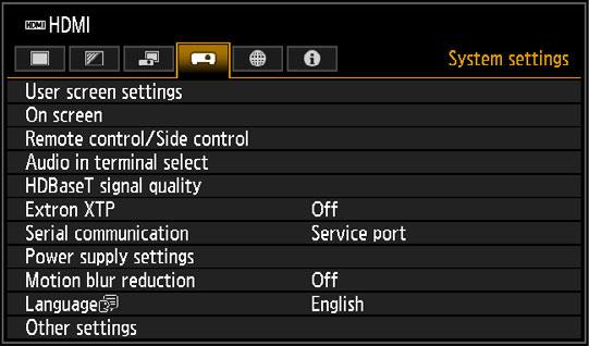 Menu Description System settings Customize projector and remote control operation, beeping, and other details after startup, during standby, and in other situations.