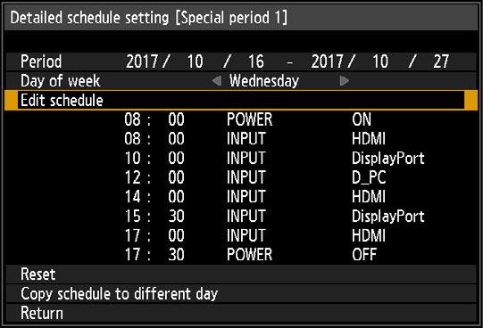 Menu Description Option Special period Select a day in [Day of week], and select the times, operations, and parameters.