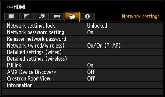 Menu Description Network settings Settings described in this section apply to wired and wireless network connections, setting a network password, and other aspects of networked projection.