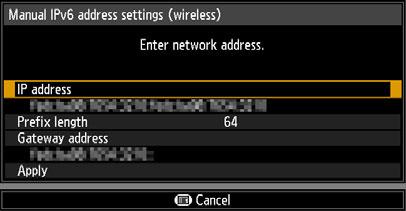 Detailed IPv6 address settings Submenu Link local Auto Manual Gateway Auto settings Link-local address of the wireless LAN (IPv6). Automatic addresses (up to 5) of the wireless LAN (IPv6).