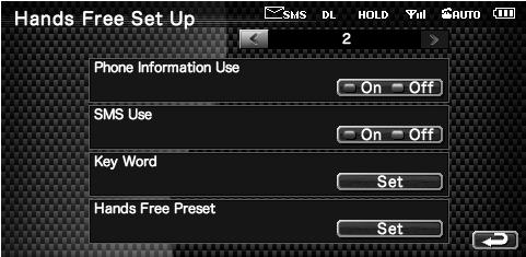 Prikaz ekrana s seznamom ključnih besed Prikažite ekran "Hands Free" (Prostoročno) in pritisnite [Setup].