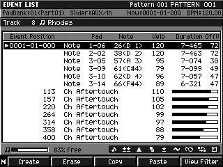 Creating a pattern Editing a MIDI event (EVENT LIST) 1. Press (Pattern) PATTERN screen will appear (Pattern Mode). 2. Use to select the MIDI track you want to edit. 3. Press (MIDI Event). fig.