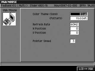 Other added functions and changes VGA screen (External Display) Changing the color theme of the SEQUENCE screen and PATTERN screen You can use the Color Theme function to specify the color of the