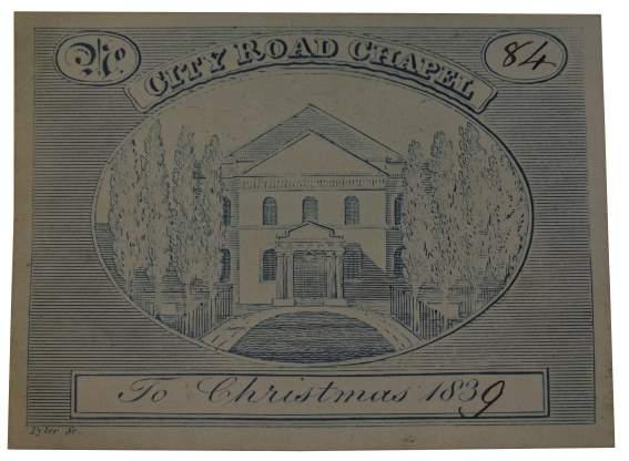 [12] [Wesleyan Chapel Ticket] Members Gallery Ticket for Wesley's City Road Chapel. No Place: Tyler (Sculp.), 1839. First Edition. 64mo (Oblong). Unbound. Ticket. Good+.
