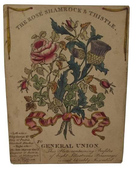 [02] [General Union] The Rose, Shamrock & Thistle - To General Union. No Place: No Publisher, First Edition. 24mo. Unbound. Card. Good. Single sided engraved card, with?