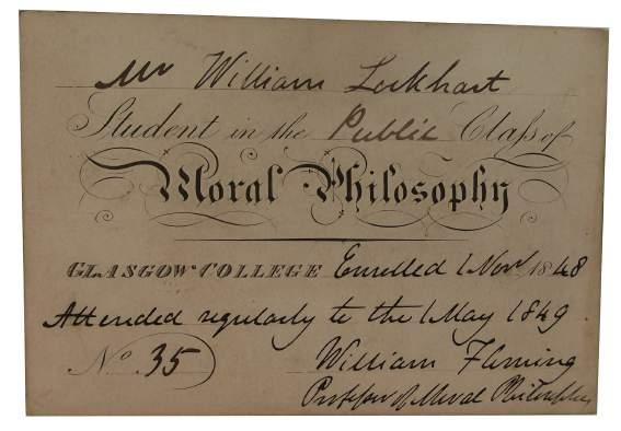 [04] [Moral Philosophy] Mr William Lockhart Student in the Public Class of Moral Philosophy, Glasgow College. No Place: No Publisher, 1848. First Edition. 48mo (Oblong). Unbound. Ticket. Good.
