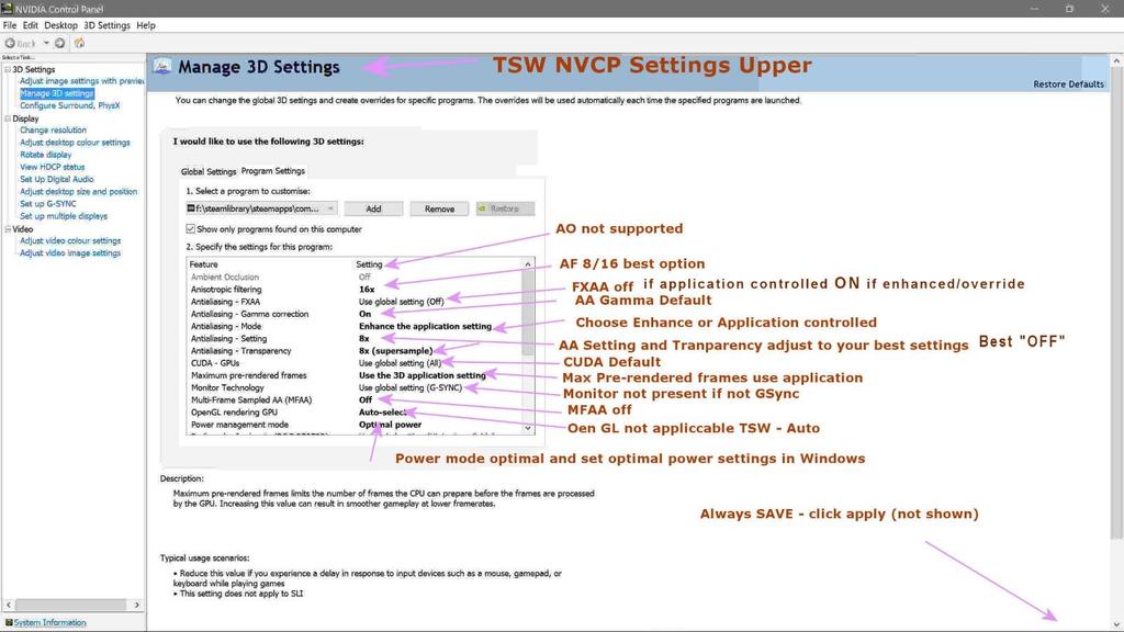 TSW Settings in NVCP