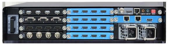 Output 4 slots to a maximum of 16 outputs can be installed. Signals options available include 3G-SDI, HDMI, HDBaseT and H.264 IP Streaming.