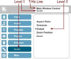 The subtitle, below the title line shows the current level accessed (Scale in this example) After selecting Output (which is the second Level), it appears in the subtitle Once Master Connection is