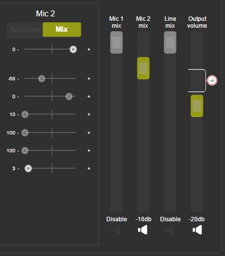 If, for example, Mic 2 is set to Mix, the Mic 2 slider is enabled and you can set the mix level: Figure 79: The Audio Settings Page Setting the Mix Level You can set the maximum value of the Output