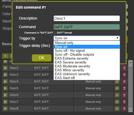For example, to power on a projector, fill in the details and select the trigger and the trigger delay time in seconds before the command is