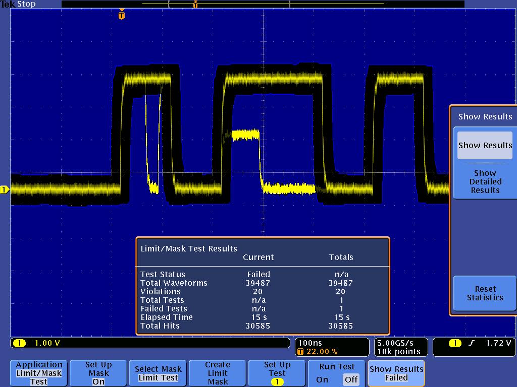 Datasheet Limit Test finds infrequent glitches and runt signals using a mask created by adding vertical and horizontal tolerances around a golden waveform.