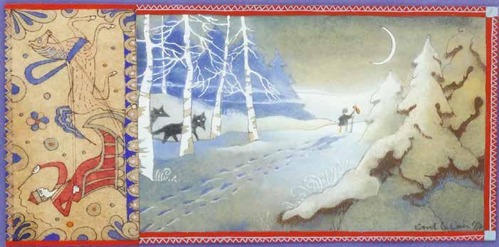 JONKERS RARE BOOKS Errol LE CAIN (1941-1989) 300. Peter Wanders Across The Snow-Covered Field, Followed By Wolves An original ink, watercolour and gouache painting. 120mm x 240mm.