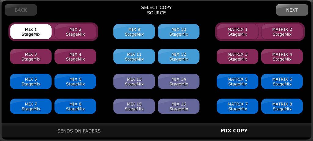 selection popup. First, choose the source Mix Send to be copied, the selected Mix Send will then be highlighted in White. Touch the [NEXT] button and select the target Mix Sends to copy to.