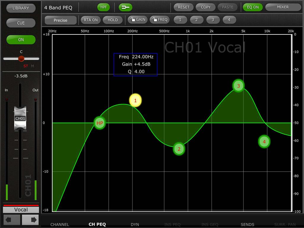 5.2 PARAMETRIC EQ EDITING The current channel s Name, Color, Fader, Level Meters, [ON] and [CUE] buttons are shown in the left column.