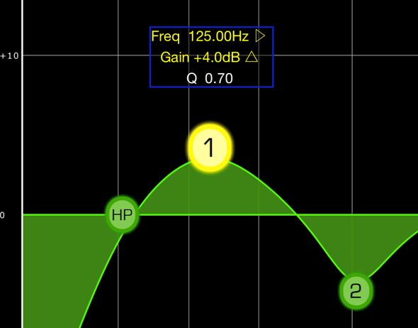 One band of Parametric EQ can be adjusted at a time. Press one of the green circles to select the band, and it will be highlighted yellow.