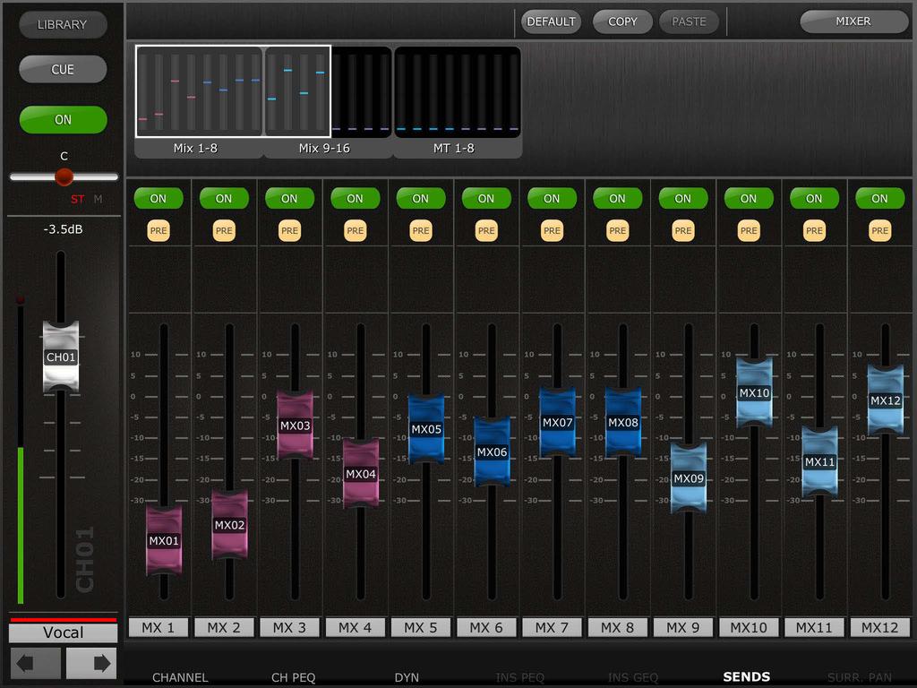 5.9 Channel Mix/Matrix Sends The SENDS view displays fader levels, Pre/Post setting and ON status for all Mix and Matrix sends from the selected channel.