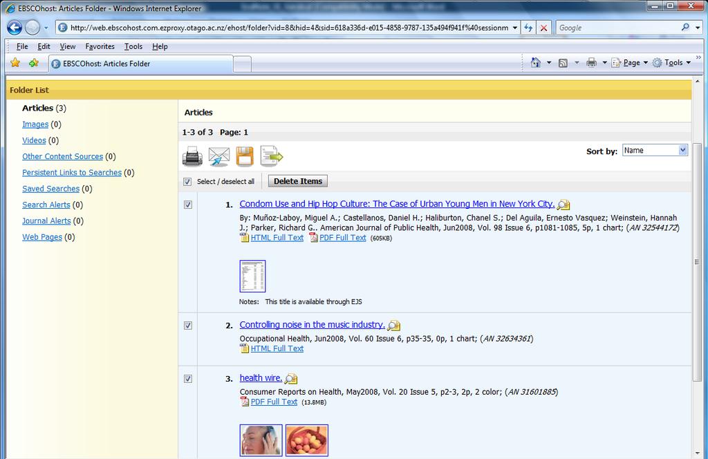 Select the folder at top right of screen, or click <Folder View> on the right, to view the three selected citations j.