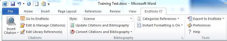 Cite-While-You-Write (MS Word Plugin) EN installs the tab <Endnote X7> into the MS Word menu EN s Word plugin