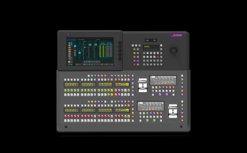 Includes two 25-button source select stripes, one 20 meter Ethernet cable, and a system control area with device control, switched preview, alternate bus and aux bus delegation, and macro controls, 