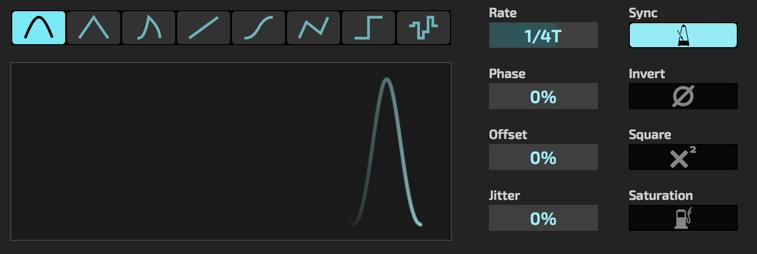 Modulation Engine LFO Waveform buttons : selects waveform Rate : sets lfo speed Sync : lfo rate bpm sync