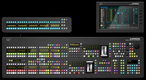 controls for background and keyer source selection, master E-MEM, local E-MEM and horizontal keyer cut/mix. Optional Aux Panel and Menu display sold separately.