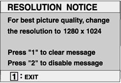 Language allows you to choose the language used in the menus and control screens. Resolution Notice displays the Resolution Notice menu shown below.