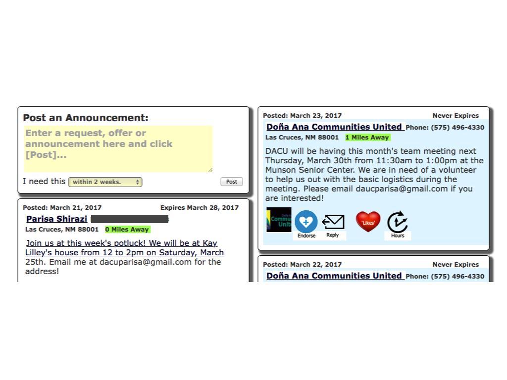 Announcements The first thing you will see on the homepage is the Announcements section. Any member of the timebank can post an announcement.
