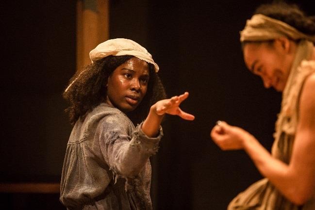 The Merchant of Venice, designed by Jessica Staton, photo by Ellie Kurtz; Vivian Oparah and Cassie Clare in An Octoroon at the National Theatre, photo by Helen Murray; Irfan Shamji in Mayfly, photo