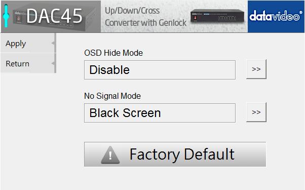Setting To restore the factory default settings, click the Setting tab.