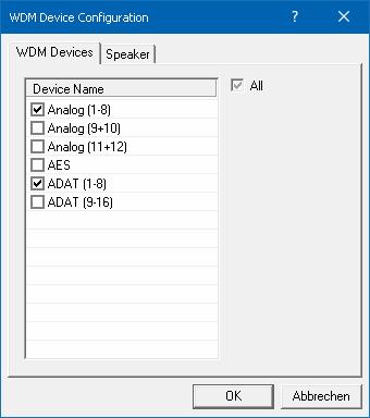 The screenshot to the right shows the stereo WDM devices available with the UFX II, and that only Analog 1/2 has been activated. Any number can be activated.