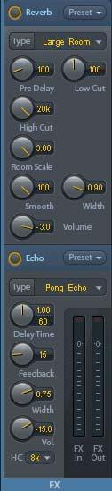 25.6 Reverb and Echo A click on FX in the View Options / Show brings up the Output FX panel. Here all parameters for the effects Reverb and Echo are adjusted. Reverb. Activated by the On button. Type.