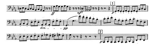 Example 15: Strauss Rosenkavalier Third Act from three bars before figure 1 to figure 2 29 Example 15 has the original tempo marking As quick as possible meaning a spiccato style bowing directed by
