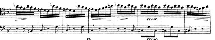 Example 28: Mendelssohn Midsummer Night s Dream, Scherzo from 11 bars before O to four bars before O 43 Example 28 is one of the most difficult lines from this excerpt as in addition to the bowing