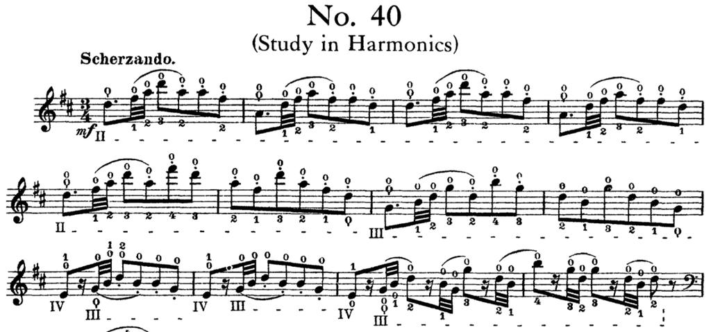 Example 53: Popper 40 Studies: High School of Cello Playing, Study 40 bars 1-12 69 The execution of example 53 is undoubtedly impressive, however it is not related to harmonics in orchestral