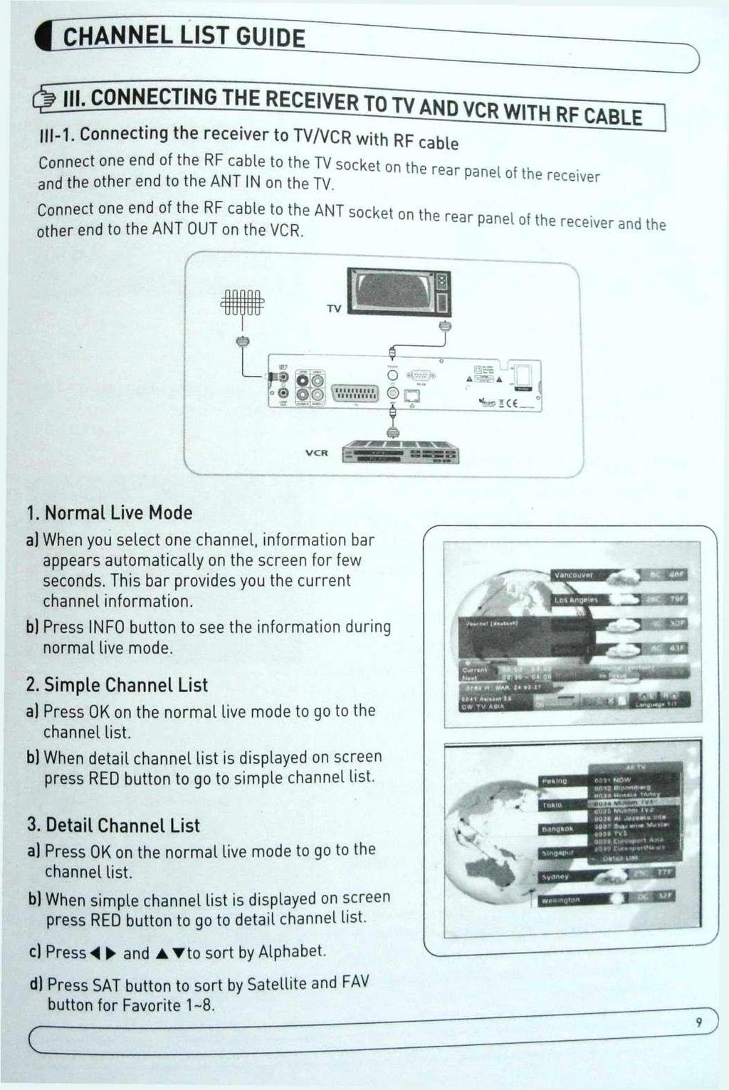 ^CHANNEL LIST GUIDE Щ CONNECTING T H E R ^ i ^ ^ ^ g ^ Connecting the receiver to TV/VCR with RF cable 1.