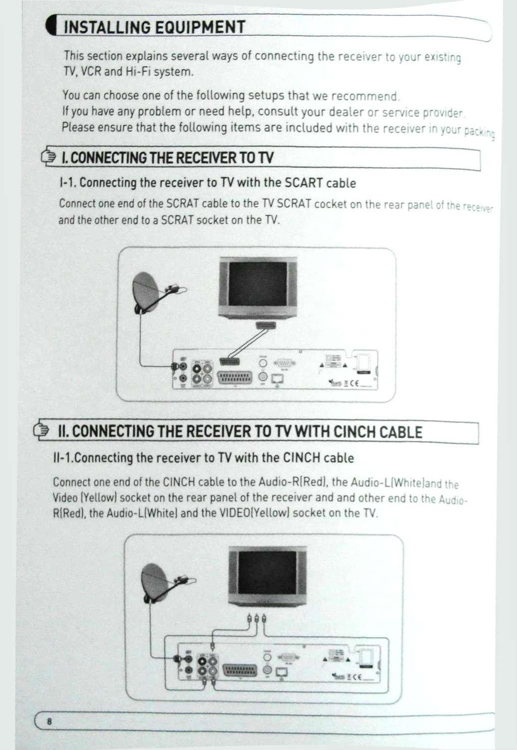 # INSTALLING EQUIPMENT This section explains several ways of connecting the receiver to your existing TV. VCR and Hi-Fi system. You can choose one of the following setups that we recommend.