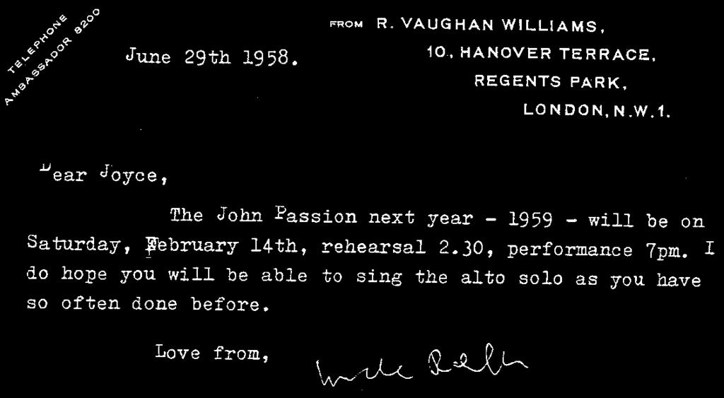 Vaughan Williams to Love from Uncle Ralph, and would Joyce sing the alto solo It is finished from the St John Passion for 3 guineas, and subsequently for 5 guineas? (1953).