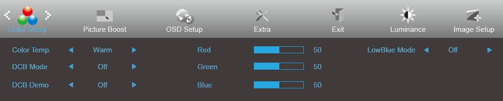 Color Setup 1 Press MENU (Menu) to display menu. 2 Press or to select (Luminance), and press to enter. 3 Press or to select submenu. 4 Press or to adjust. 5 Press to exit. Color Temp.